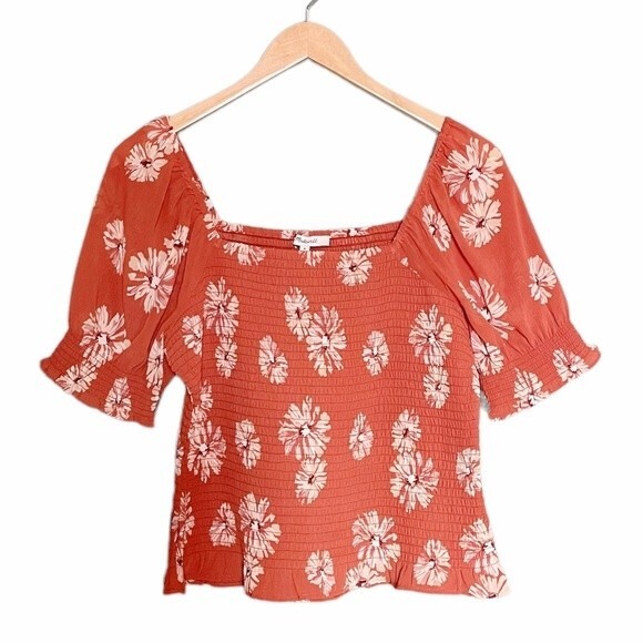 NWT Madewell Top Cottage Floral Puff Sleeve Smocked Blouse Rust Size Medium New - Picture 3 of 13